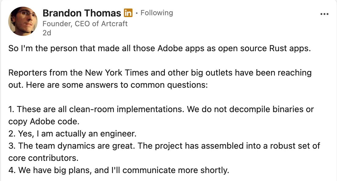 Brandon Thomas post on Linkedin