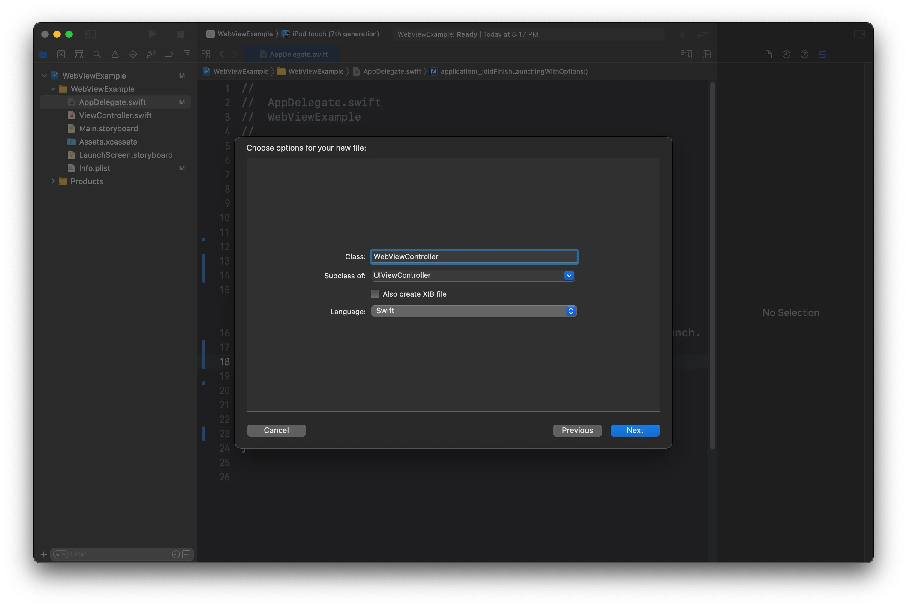 “Create WebViewController class”